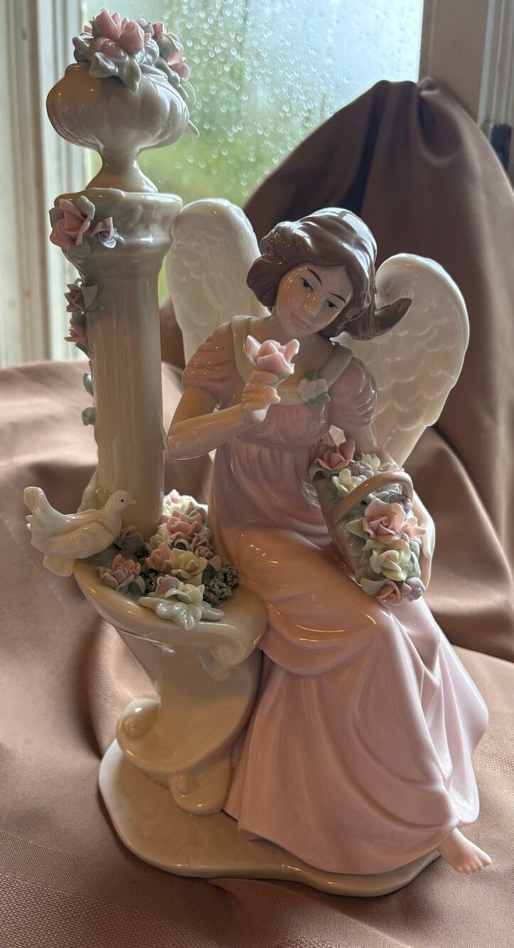 Large Hand Painted Porcelain Angel Figurine Pink Dress Flowers Dove 13”